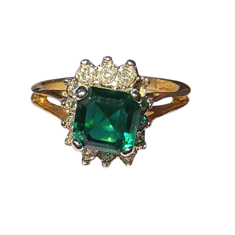 18K Heavy Gold Electroplated Green & Clear Stone Sparkle Ring